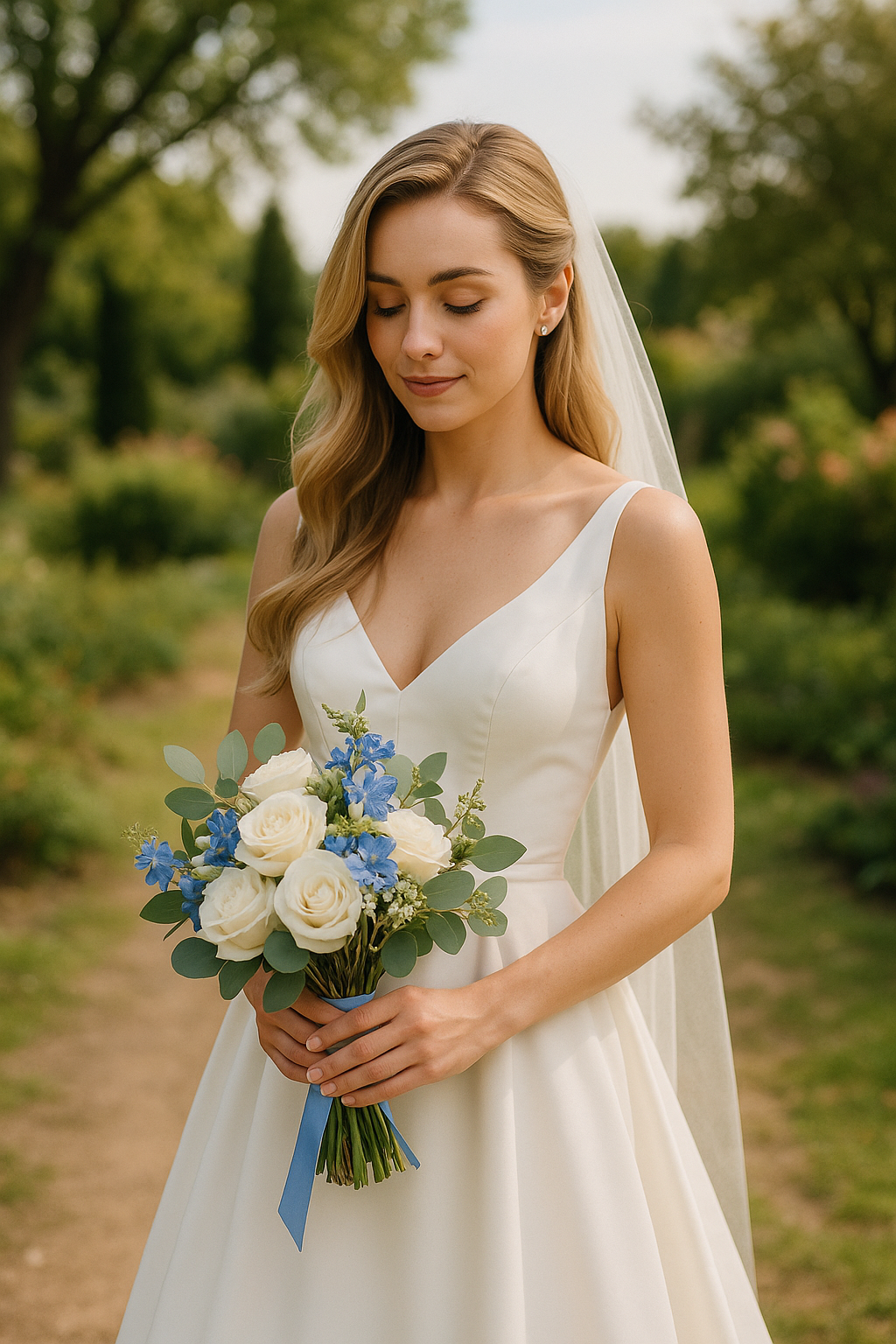 Mariée élégante en robe blanche tenant un bouquet avec des fleurs bleues dans un jardin provençal – I-Gilles à Aix-en-Provence