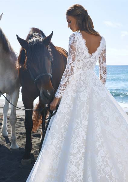 Robe de mariée trapèze Mingsha cintrée et manches longues en dentelle brodée de chez Pronovias