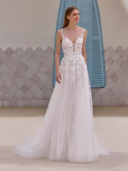 robe de mariée trapèze bustier floral décolleté en V pertuis Igilles